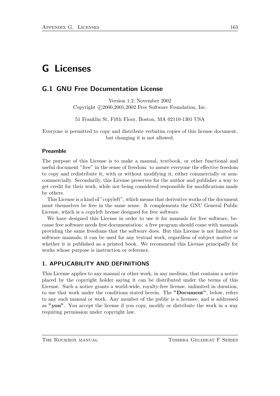 Licenses, Gnu free documentation license, G licenses | G.1 gnu free documentation license | Toshiba Rockbox F Series User Manual | Page 163 / 177