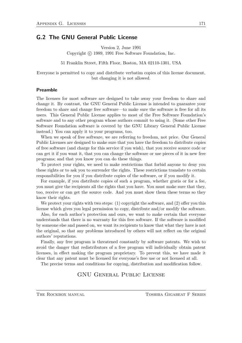 The gnu general public license, G.2 the gnu general public license, Gnu general public license | Toshiba Rockbox F Series User Manual | Page 171 / 177