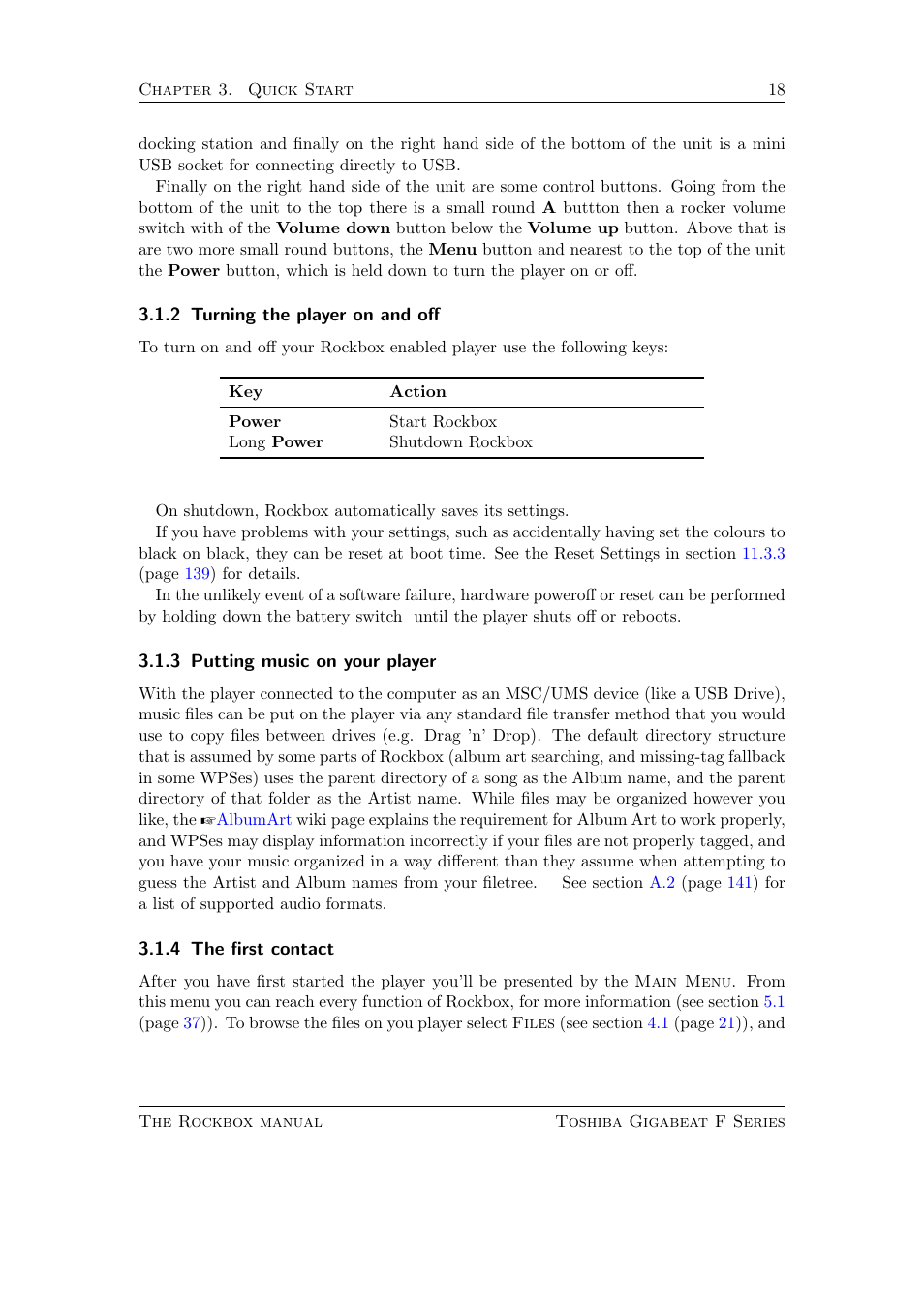 Turning the player on and off, Putting music on your player, The first contact | Toshiba Rockbox F Series User Manual | Page 18 / 177