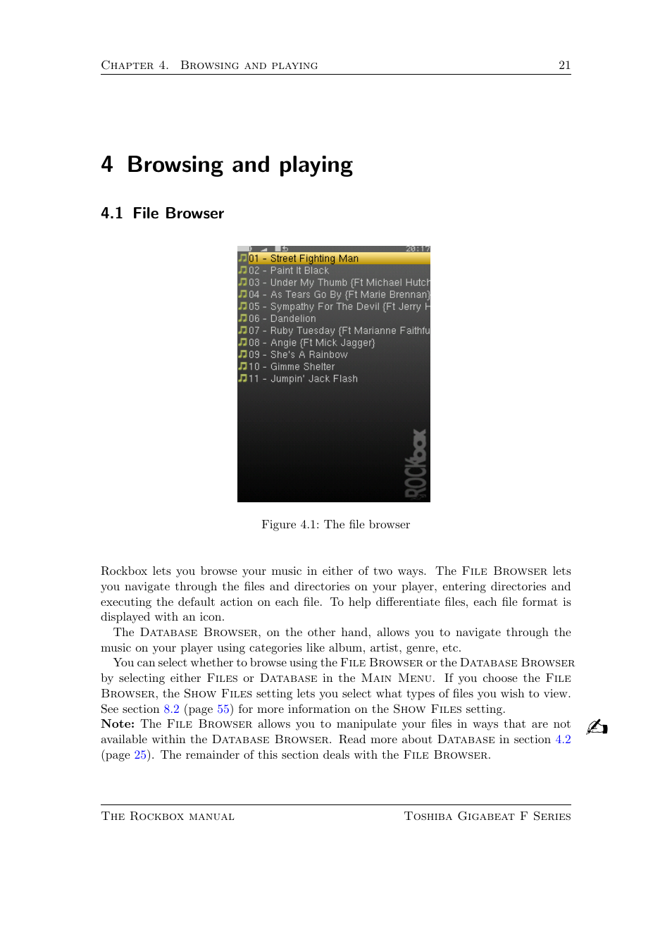Browsing and playing, File browser, 4 browsing and playing | 1 file browser | Toshiba Rockbox F Series User Manual | Page 21 / 177