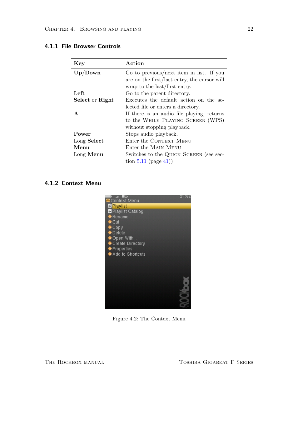 File browser controls, Context menu | Toshiba Rockbox F Series User Manual | Page 22 / 177