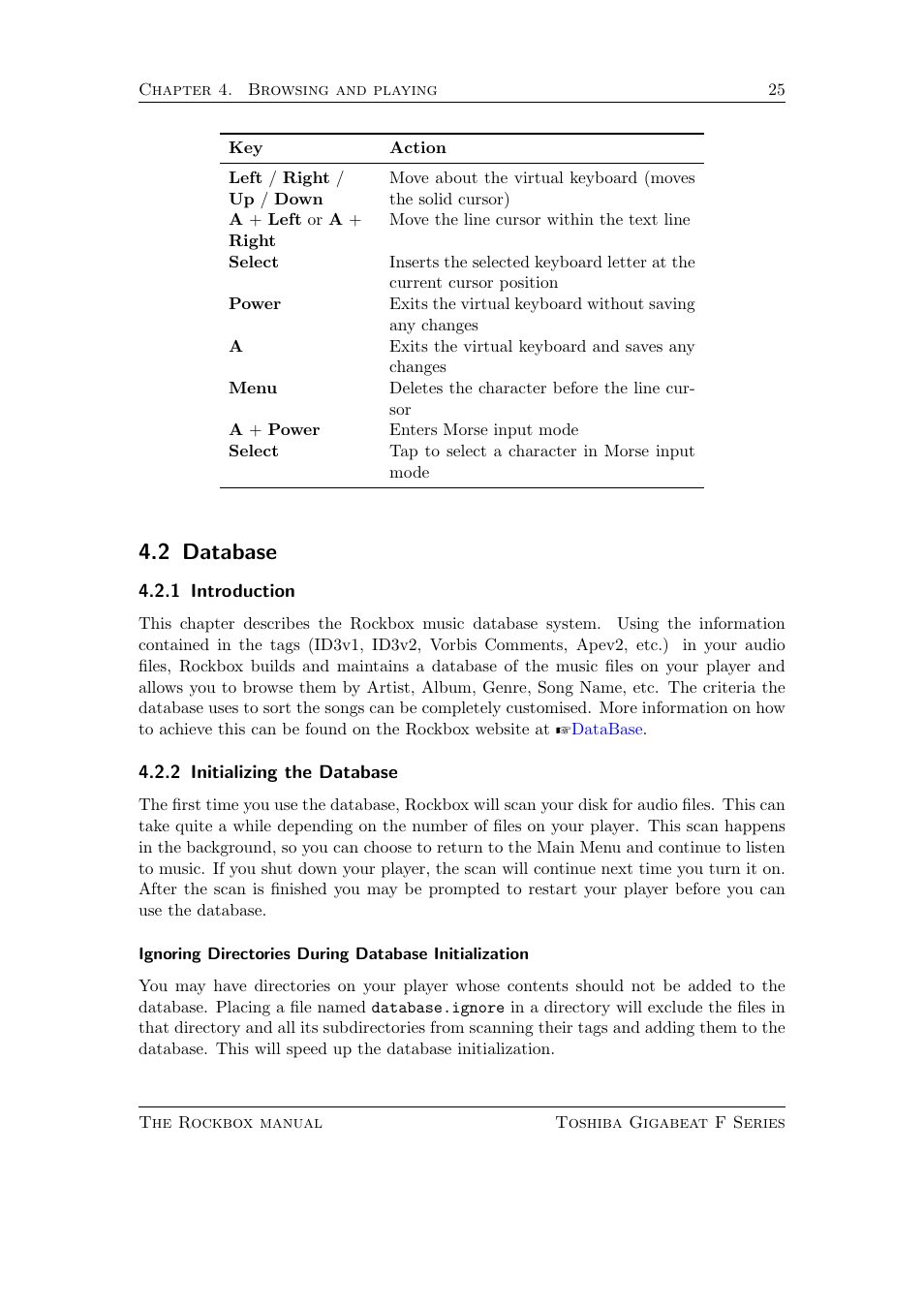 Database, Introduction, Initializing the database | 2 database | Toshiba Rockbox F Series User Manual | Page 25 / 177