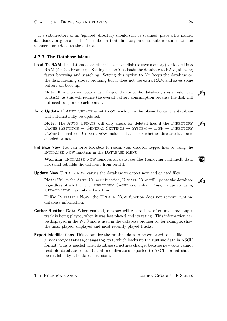 The database menu | Toshiba Rockbox F Series User Manual | Page 26 / 177
