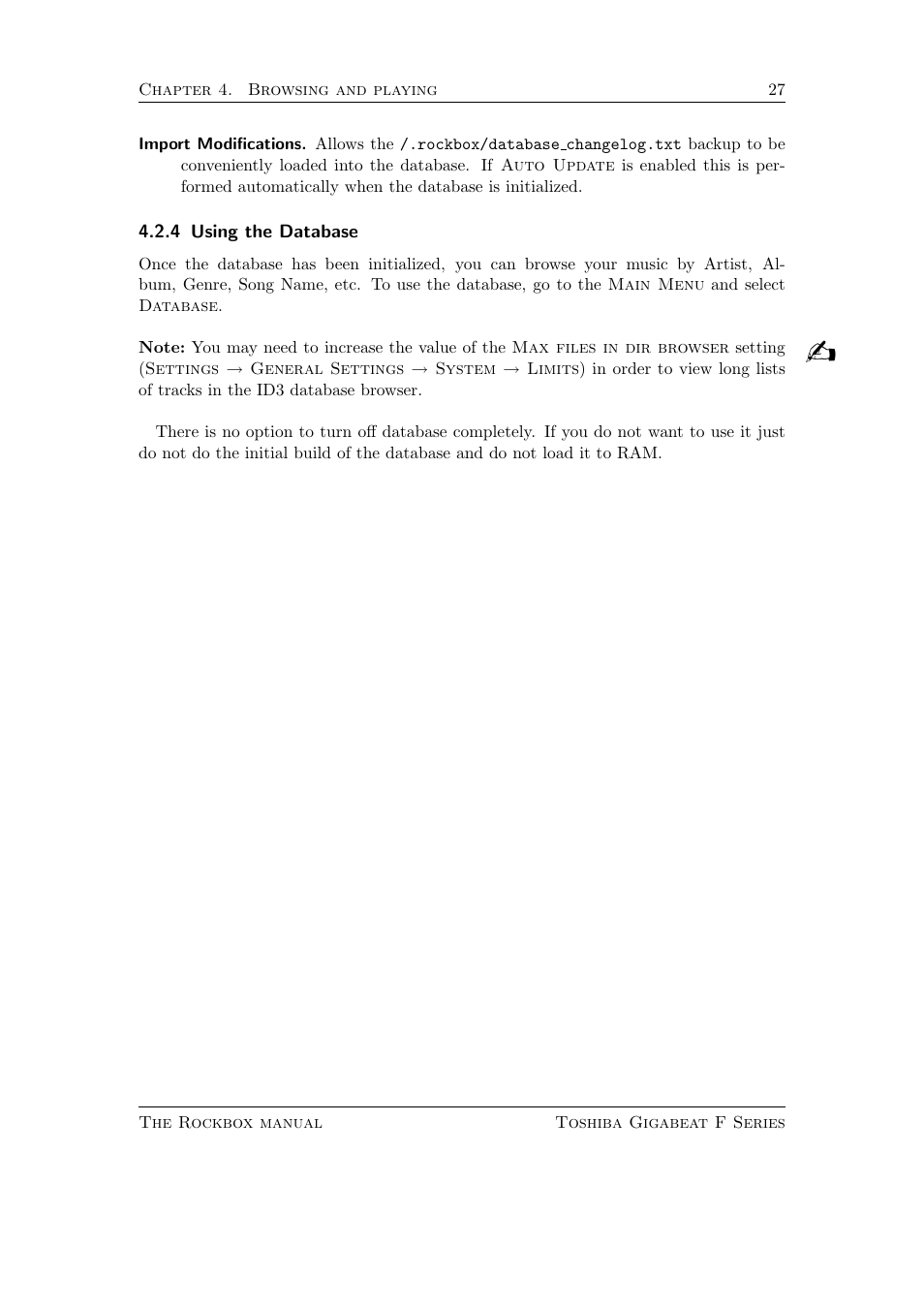 Using the database | Toshiba Rockbox F Series User Manual | Page 27 / 177