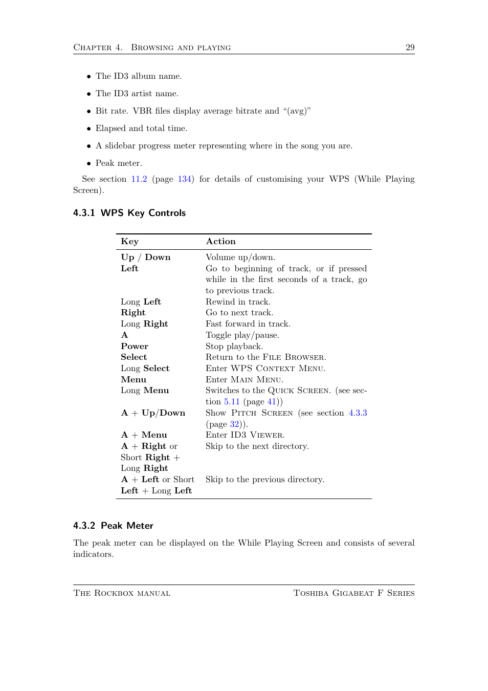 Wps key controls, Peak meter | Toshiba Rockbox F Series User Manual | Page 29 / 177