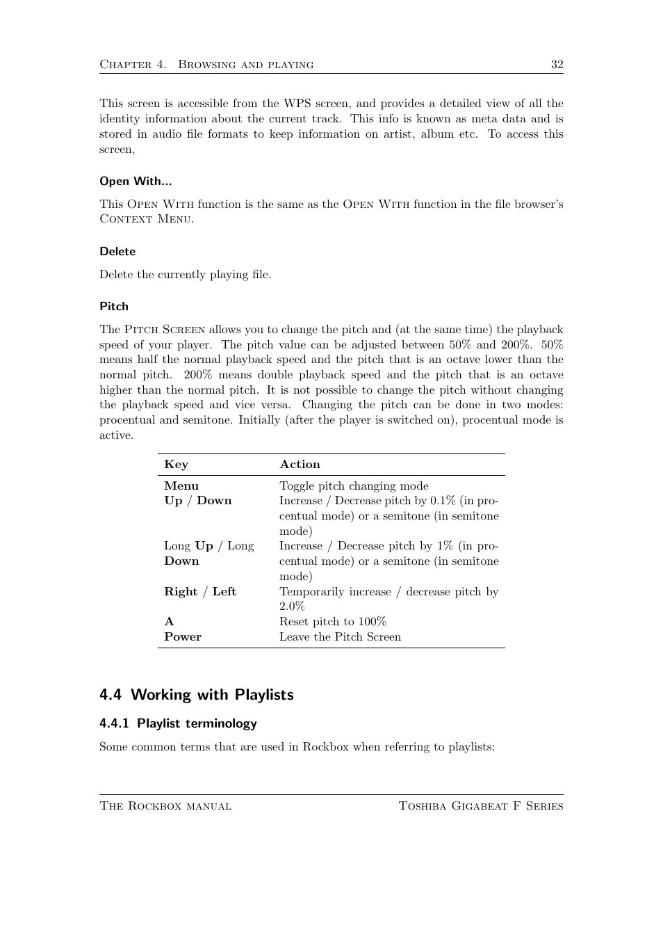 Working with playlists, Playlist terminology, 4 working with playlists | Toshiba Rockbox F Series User Manual | Page 32 / 177