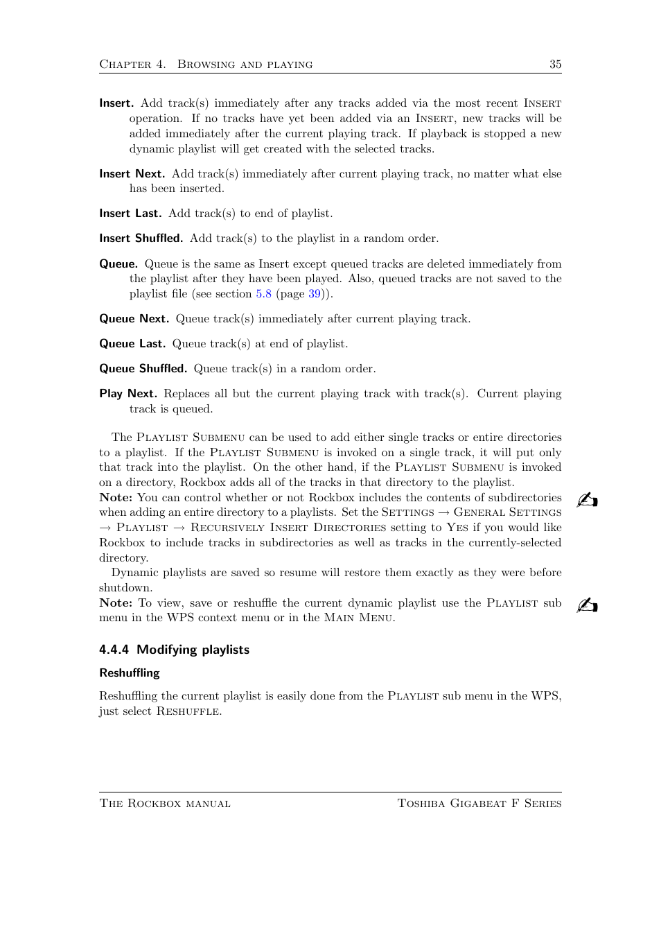 Modifying playlists | Toshiba Rockbox F Series User Manual | Page 35 / 177