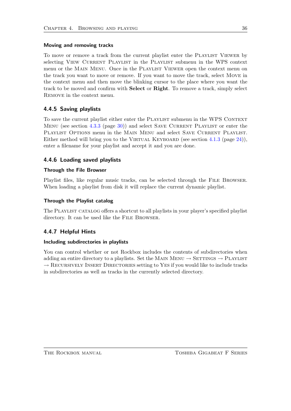 Saving playlists, Loading saved playlists, Helpful hints | Toshiba Rockbox F Series User Manual | Page 36 / 177