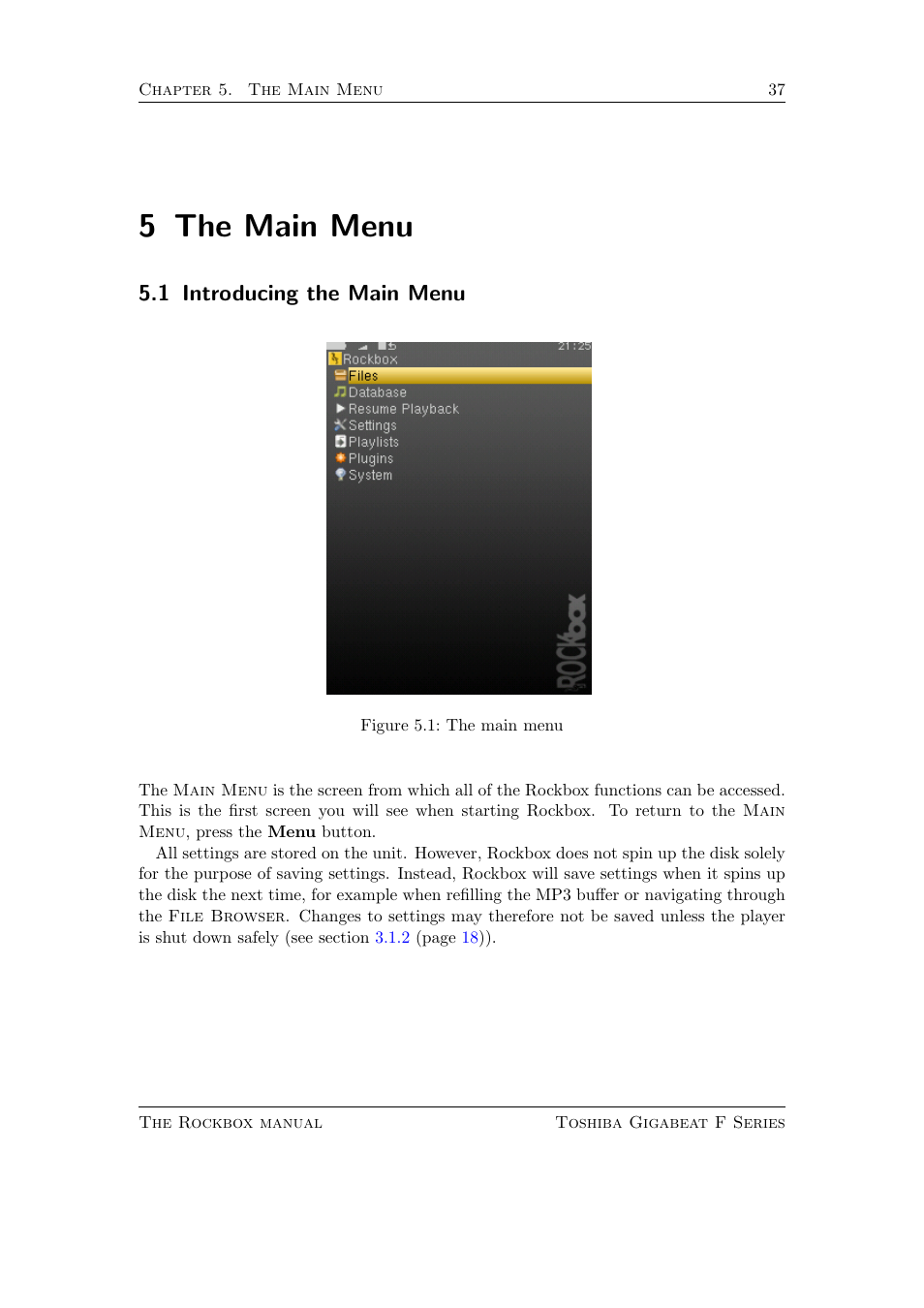 The main menu, Introducing the main menu, 5 the main menu | 1 introducing the main menu | Toshiba Rockbox F Series User Manual | Page 37 / 177