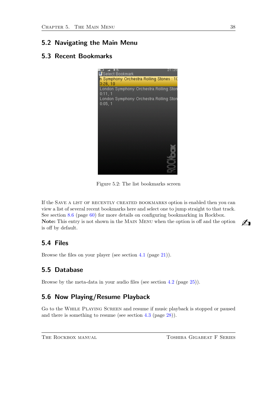 Navigating the main menu, Recent bookmarks, Files | Database, Now playing/resume playback, 2 navigating the main menu 5.3 recent bookmarks, 4 files, 5 database, 6 now playing/resume playback | Toshiba Rockbox F Series User Manual | Page 38 / 177
