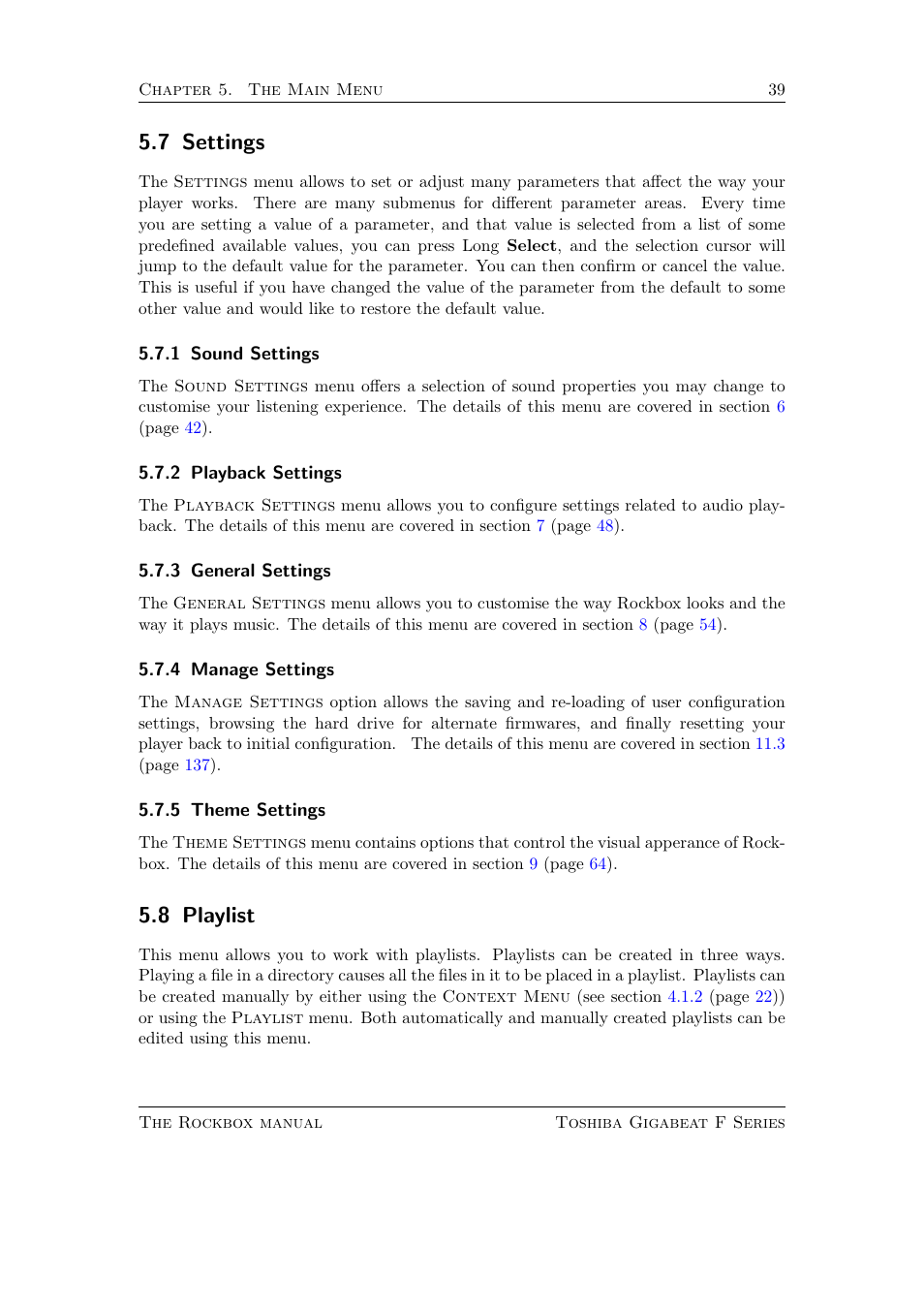 Settings, Sound settings, Playback settings | General settings, Manage settings, Theme settings, Playlist, 7 settings, 8 playlist | Toshiba Rockbox F Series User Manual | Page 39 / 177