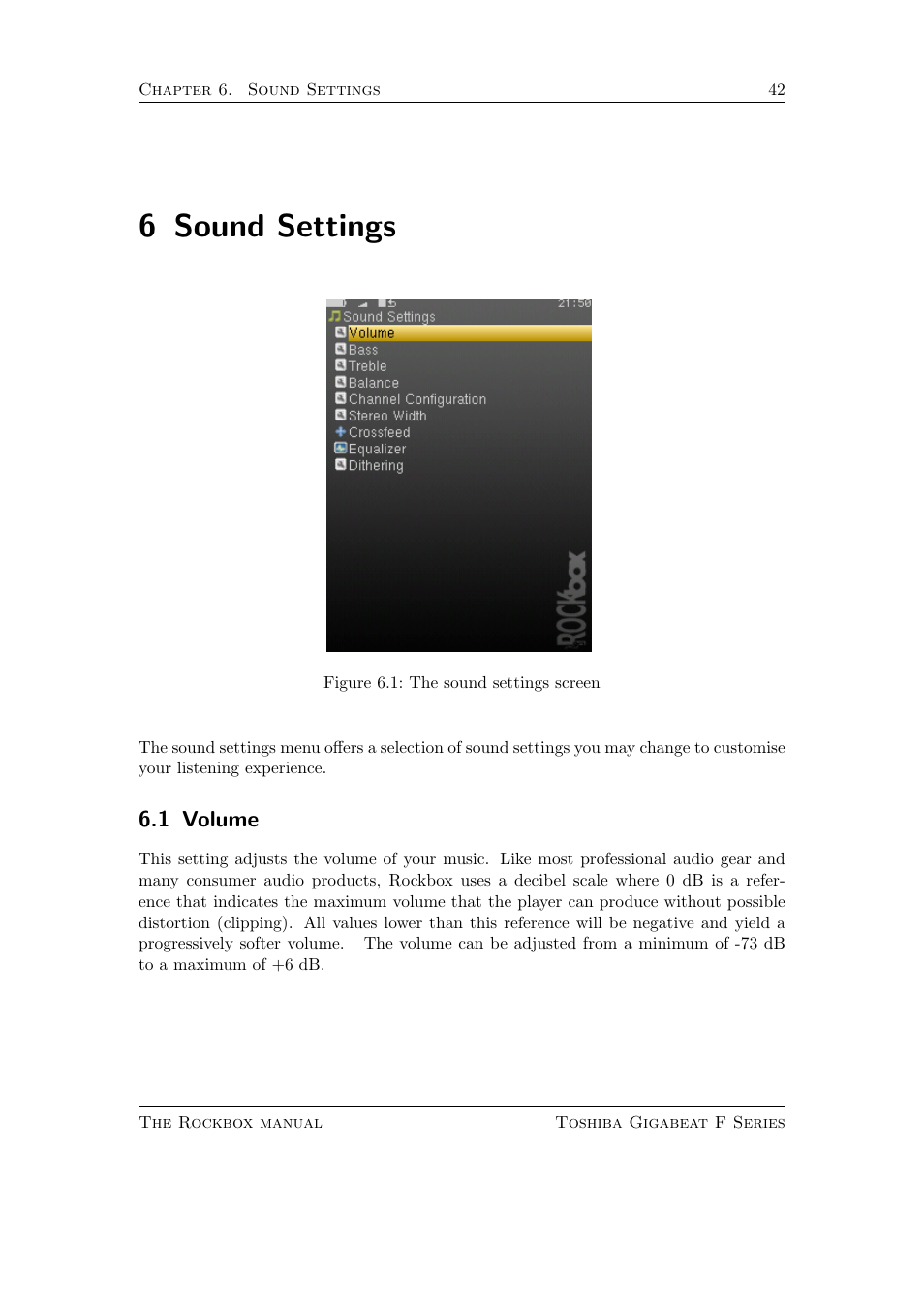 Sound settings, Volume, 6 sound settings | 1 volume | Toshiba Rockbox F Series User Manual | Page 42 / 177