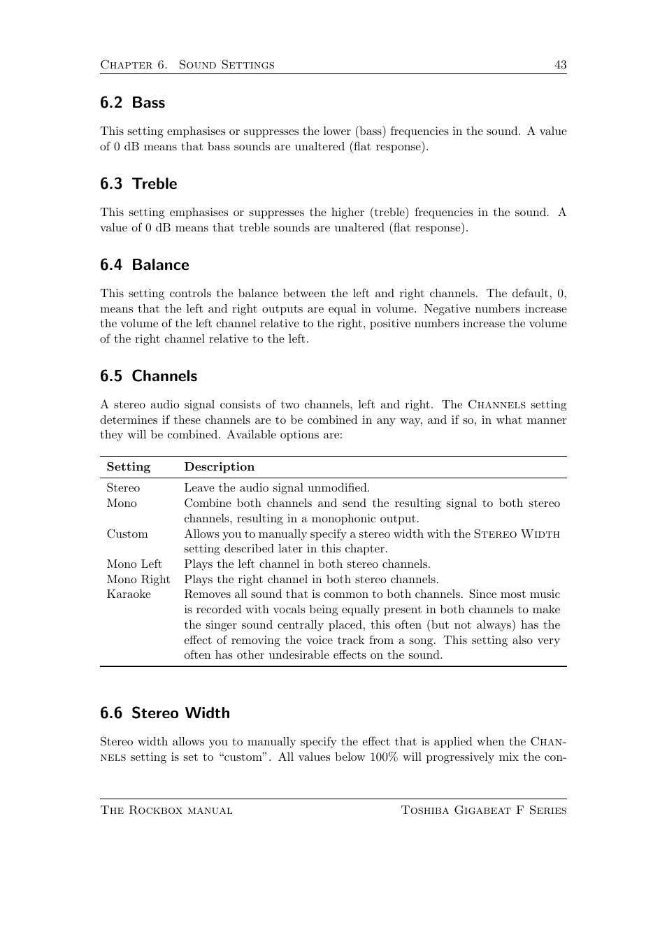 Bass, Treble, Balance | Channels, Stereo width, 2 bass, 3 treble, 4 balance, 5 channels, 6 stereo width | Toshiba Rockbox F Series User Manual | Page 43 / 177