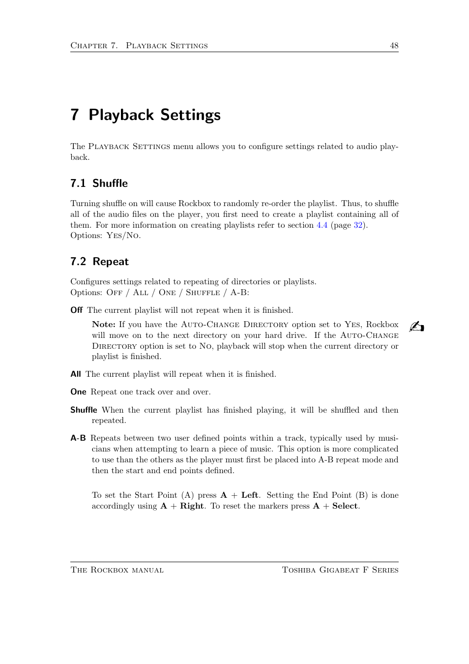 Playback settings, Shuffle, Repeat | 7 playback settings, 1 shuffle, 2 repeat | Toshiba Rockbox F Series User Manual | Page 48 / 177