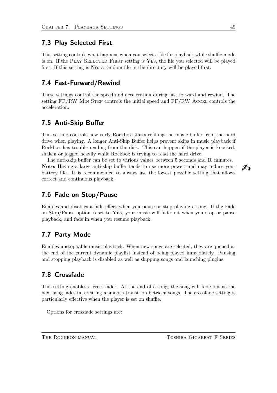 Play selected first, Fast-forward/rewind, Anti-skip buffer | Fade on stop/pause, Party mode, Crossfade | Toshiba Rockbox F Series User Manual | Page 49 / 177
