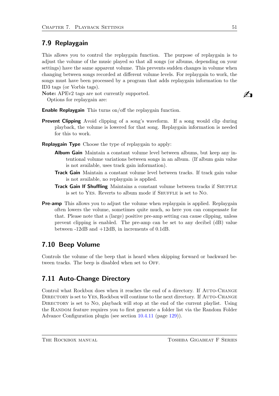 Replaygain, Beep volume, Auto-change directory | 10 beep volume, 11 auto-change directory, 9 replaygain | Toshiba Rockbox F Series User Manual | Page 51 / 177