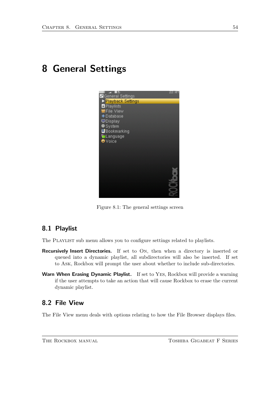 General settings, Playlist, File view | 8 general settings, 1 playlist, 2 file view | Toshiba Rockbox F Series User Manual | Page 54 / 177