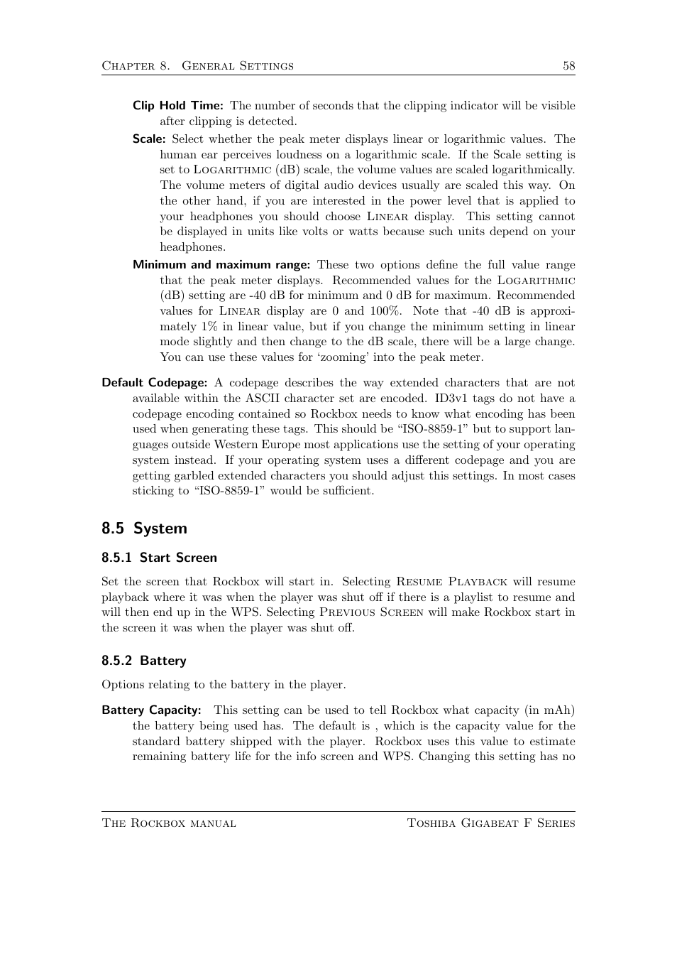 System, Start screen, Battery | 5 system | Toshiba Rockbox F Series User Manual | Page 58 / 177