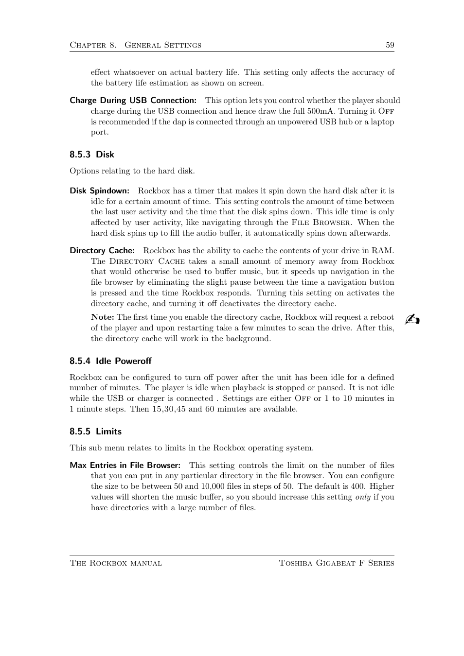 Disk, Idle poweroff, Limits | Toshiba Rockbox F Series User Manual | Page 59 / 177