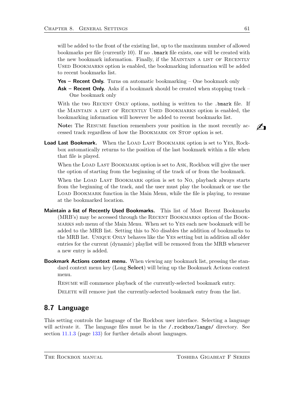 Language, 7 language | Toshiba Rockbox F Series User Manual | Page 61 / 177