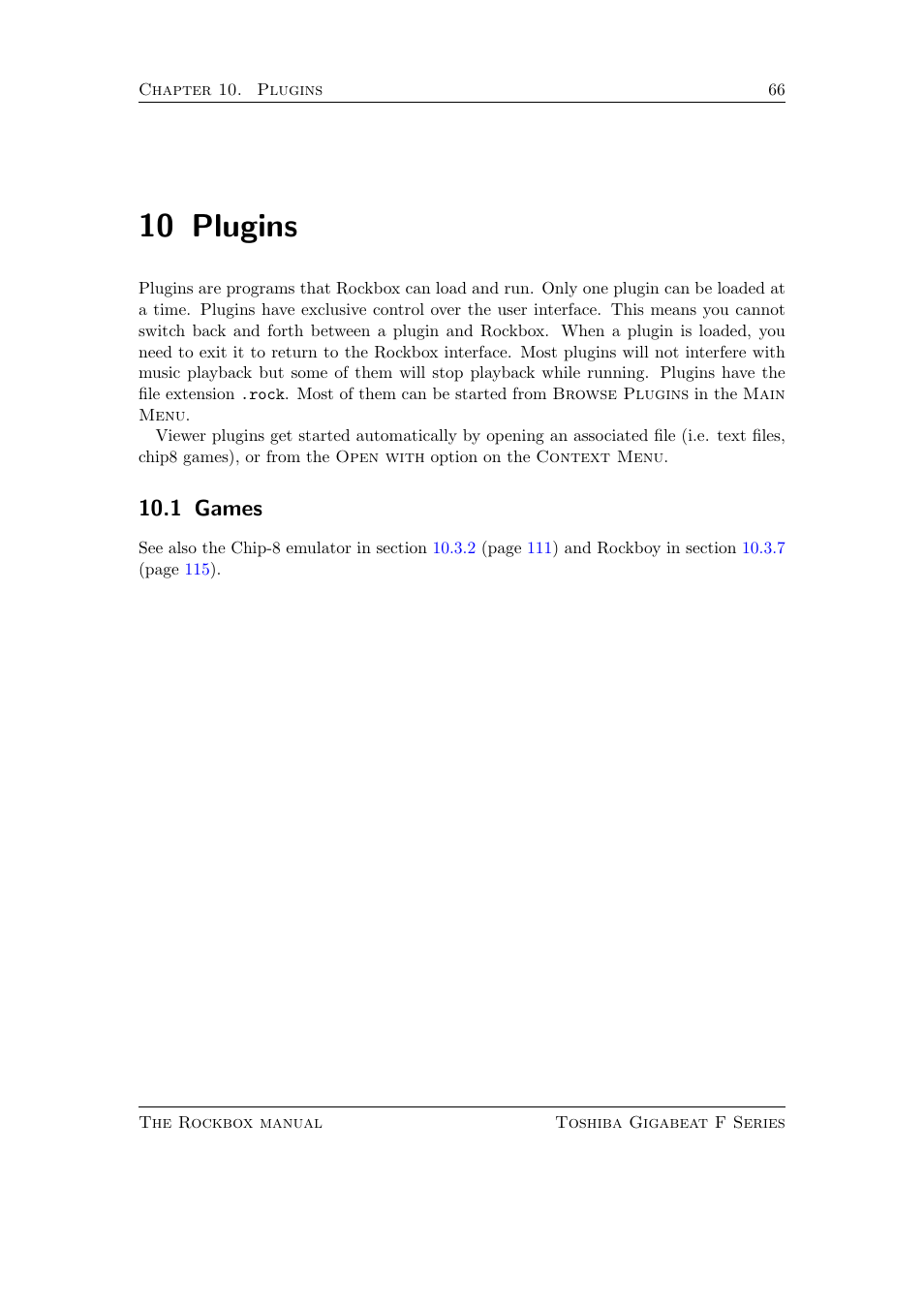 Plugins, Games, 10 plugins | 1 games | Toshiba Rockbox F Series User Manual | Page 66 / 177