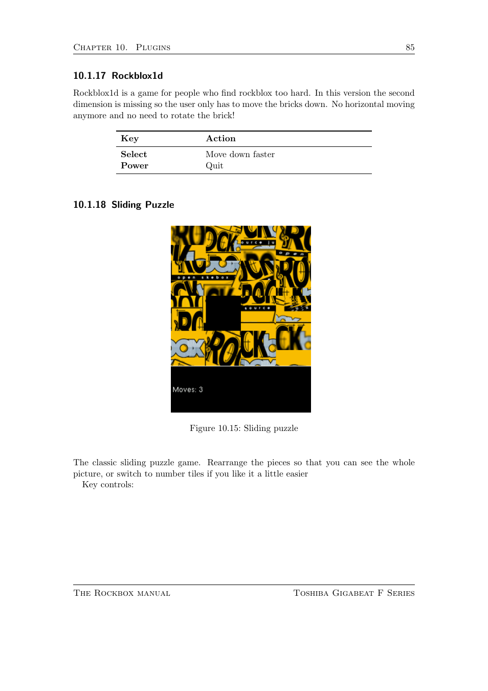 Rockblox1d, Sliding puzzle, 17 rockblox1d | 18 sliding puzzle | Toshiba Rockbox F Series User Manual | Page 85 / 177