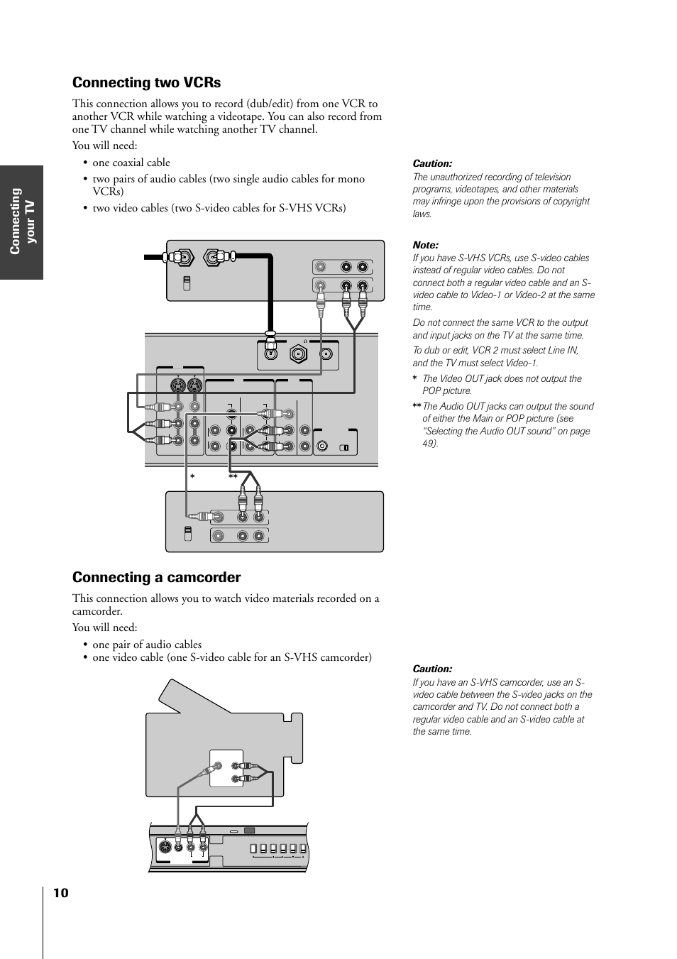 Two vcrs, Connecting two vcrs, Connecting a camcorder | The video out jack does not output the pop picture | Toshiba 34HF81 User Manual | Page 10 / 56