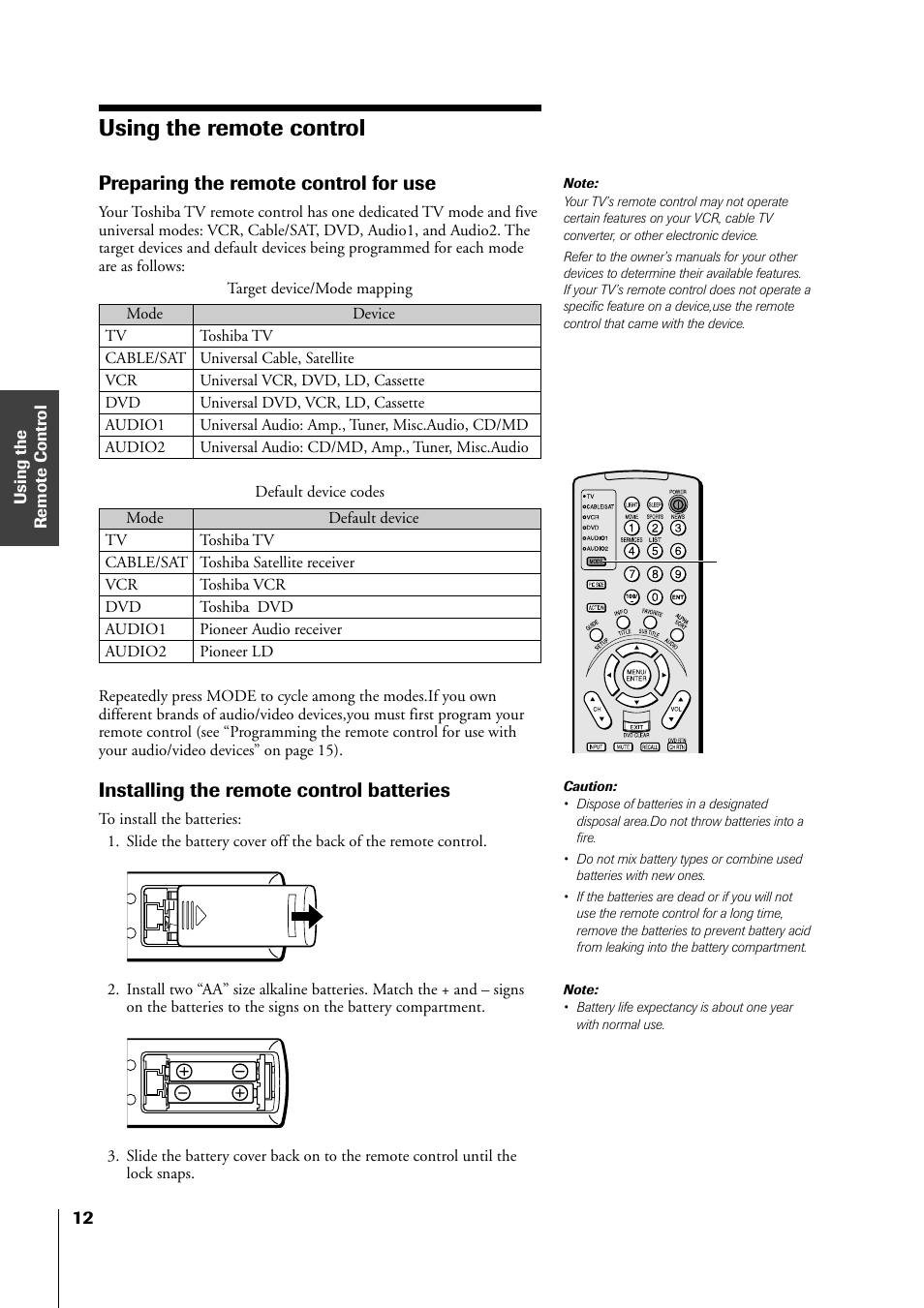 Using the remote control, Preparing for use, Preparing the remote control for use | Installing the remote control batteries | Toshiba 34HF81 User Manual | Page 12 / 56