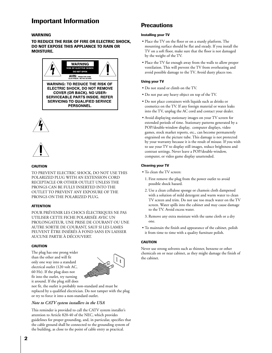 Important information / precautions, Important information, Precautions | Toshiba 34HF81 User Manual | Page 2 / 56