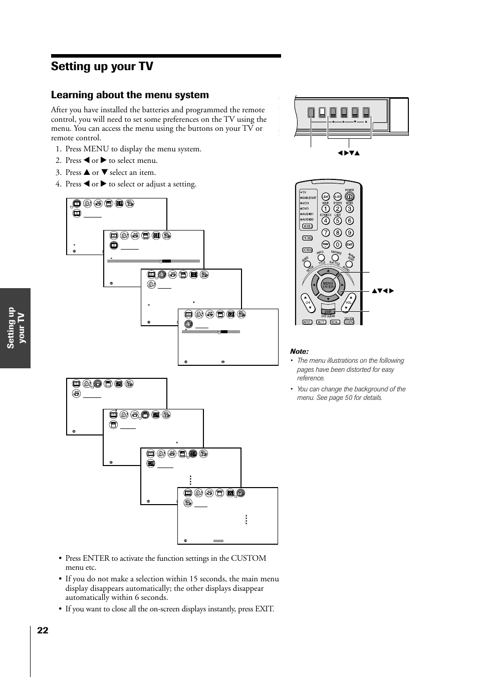 Setting up your tv, Learning about the menu system, Tv front panel yzx • exit menu/enter menu x •zy | Toshiba 34HF81 User Manual | Page 22 / 56