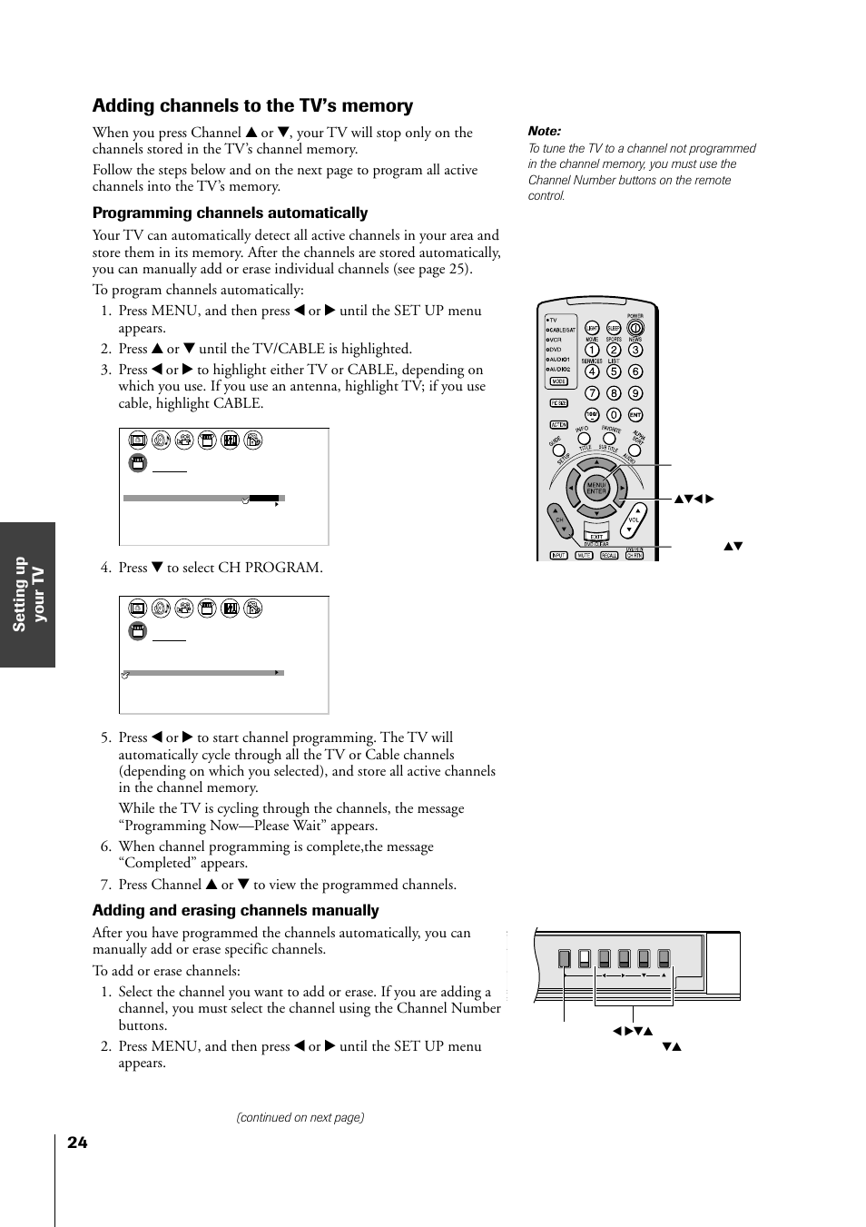 Adding channels to the tv's memory, Programming channels automatically, Adding and erasing channels manually | Press z to select ch program, Continued on next page), Menu x •zy channel zy, Menu yzx • channel yz, Tv front panel | Toshiba 34HF81 User Manual | Page 24 / 56