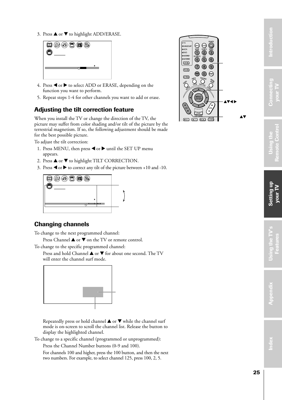 Adjusting the tilt correction feature, Changing channels, Press y or z to highlight add/erase | Toshiba 34HF81 User Manual | Page 25 / 56