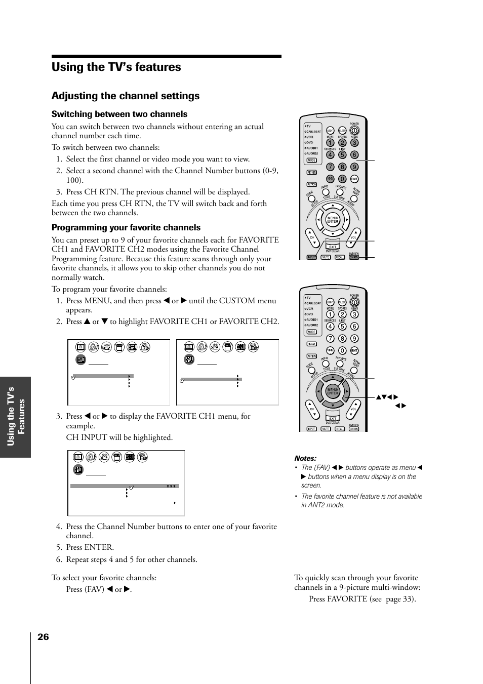 Using the tv's features, Adjusting the channel settings, Using the tv’s features | Switching between two channels, Programming your favorite channels, Buttons operate as menu, Channel number input yzx • (fav) x • menu/enter, Ch rtn | Toshiba 34HF81 User Manual | Page 26 / 56