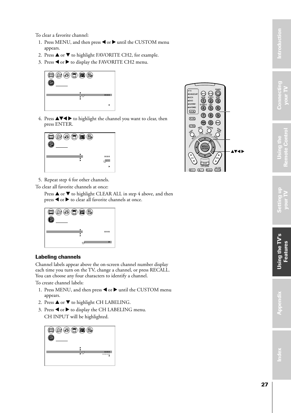 Labeling channels, Channel number yzx • menu/enter | Toshiba 34HF81 User Manual | Page 27 / 56