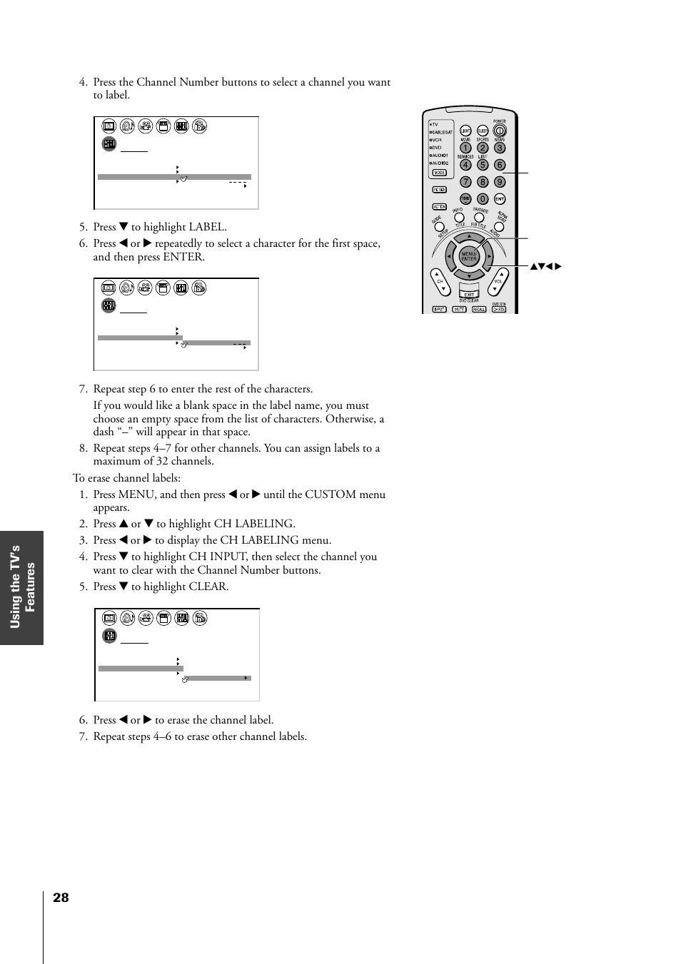 Channel number menu/enter yzx | Toshiba 34HF81 User Manual | Page 28 / 56