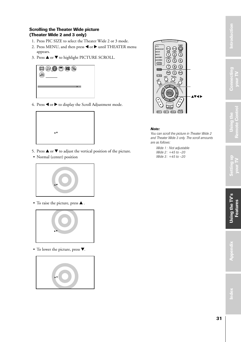 Press x or • to display the scroll adjustment mode, Pic size menu yzx | Toshiba 34HF81 User Manual | Page 31 / 56