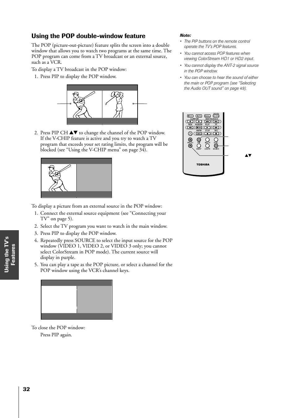 Pop double-window, Using the pop double-window feature, Source | Pop window main window, Pip pip ch yz | Toshiba 34HF81 User Manual | Page 32 / 56