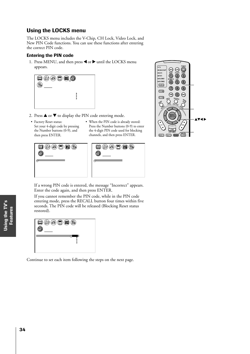 Locks menu, Using the locks menu, Entering the pin code | Press y or z to display the pin code entering mode, Recall menu/enter yzx, Number | Toshiba 34HF81 User Manual | Page 34 / 56