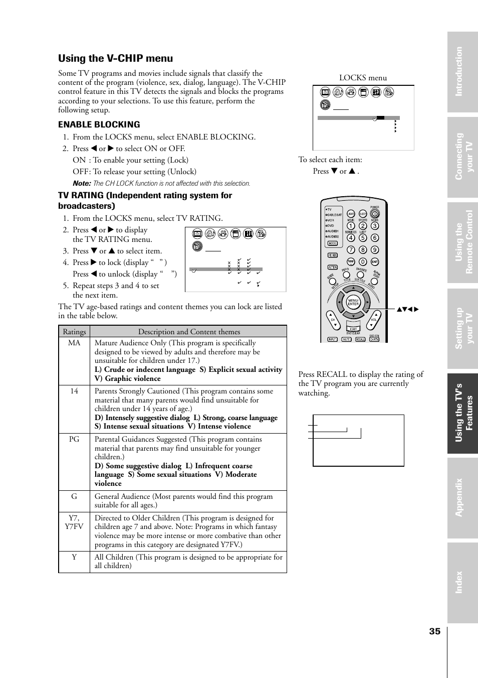 V-chip menu, Using the v-chip menu, Enable blocking | Toshiba 34HF81 User Manual | Page 35 / 56