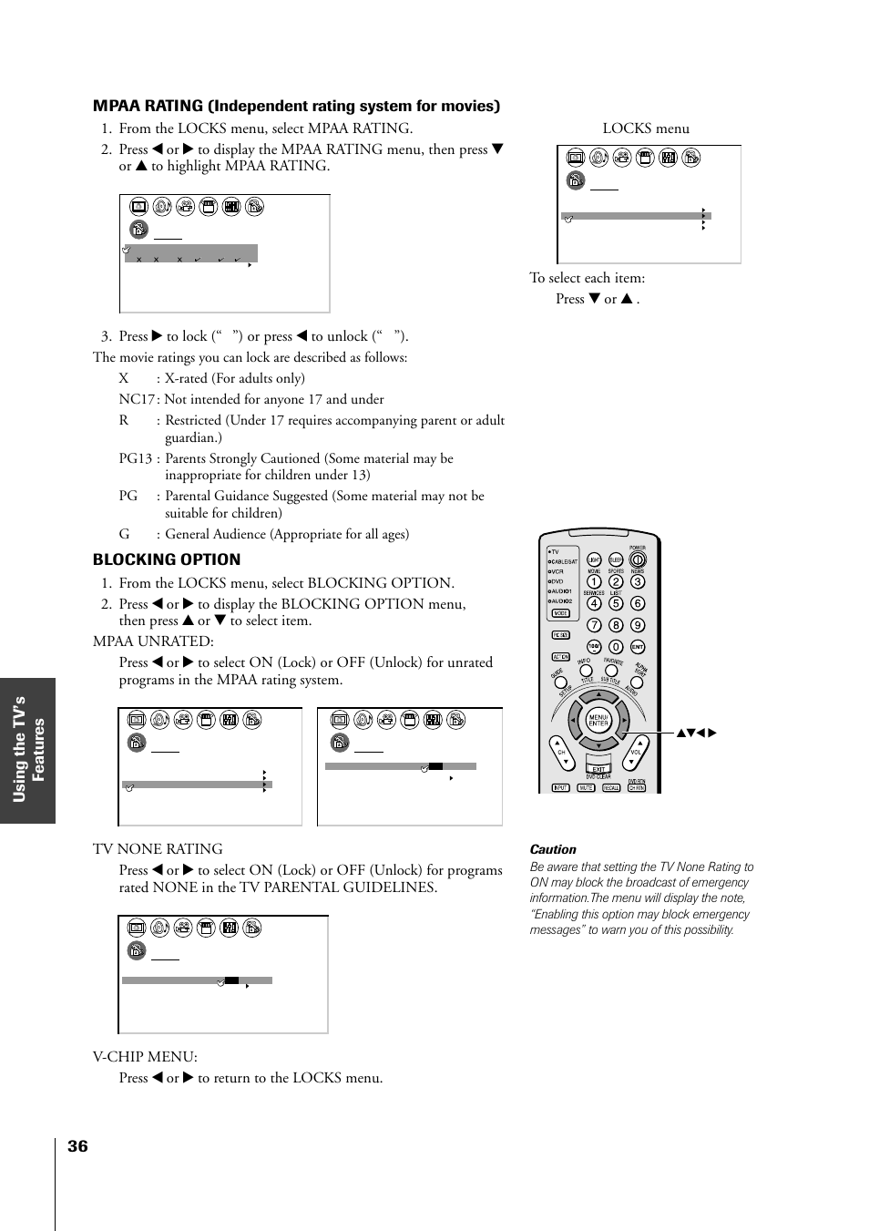 Mpaa rating (independent rating system for movies), Blocking option | Toshiba 34HF81 User Manual | Page 36 / 56