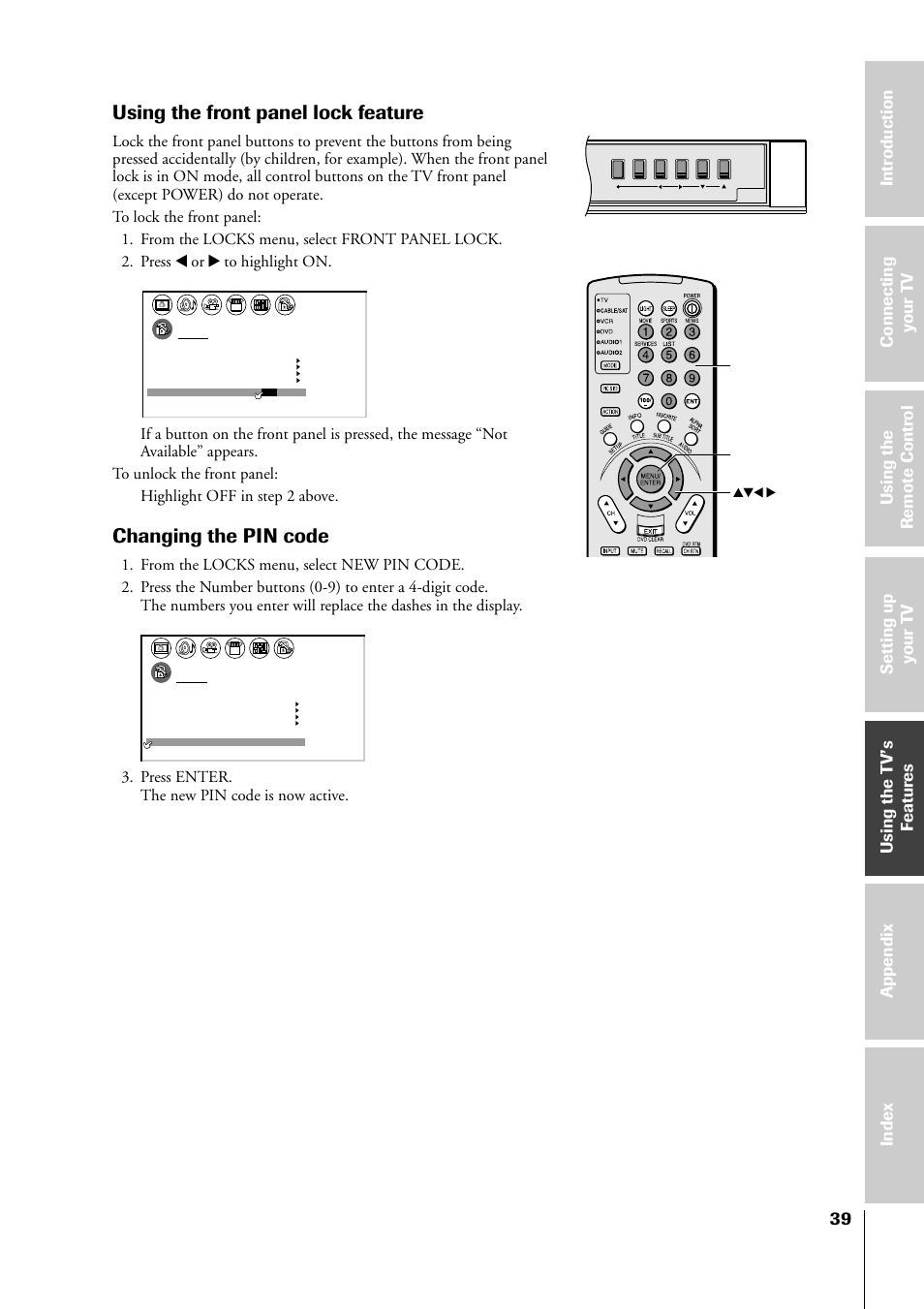 Changing pin code, Using the front panel lock feature, Changing the pin code | Press enter. the new pin code is now active, Yzx • enter number, Tv front panel buttons to be locked | Toshiba 34HF81 User Manual | Page 39 / 56