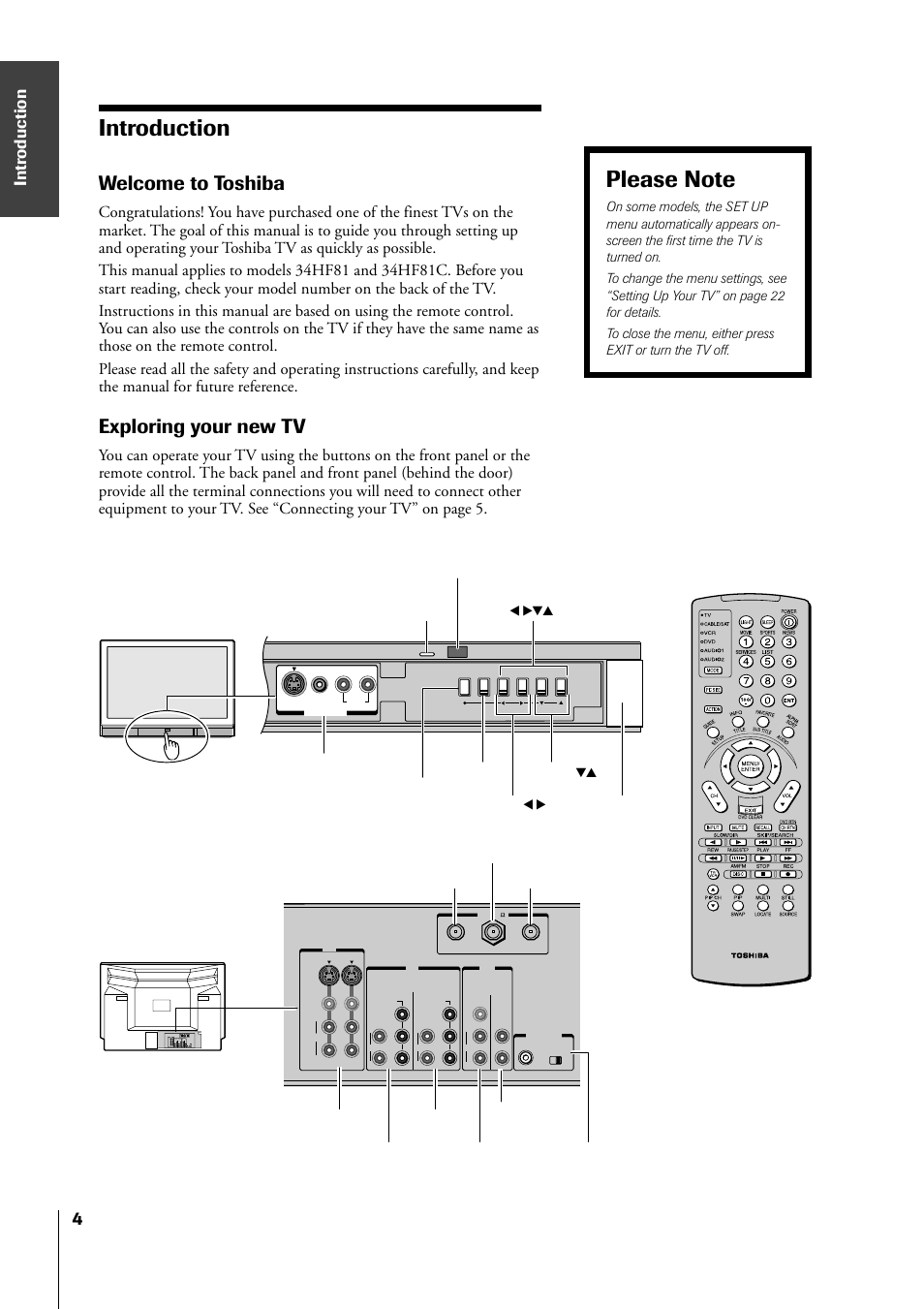 Introduction, Welcome to toshiba, Exploring your new tv | Toshiba 34HF81 User Manual | Page 4 / 56