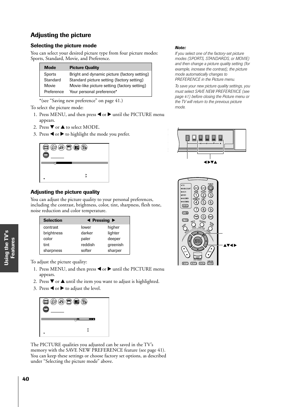 Adjusting the picture, Selecting the picture mode, Adjusting the picture quality | Menu x •zy menu yzx • tv front panel | Toshiba 34HF81 User Manual | Page 40 / 56