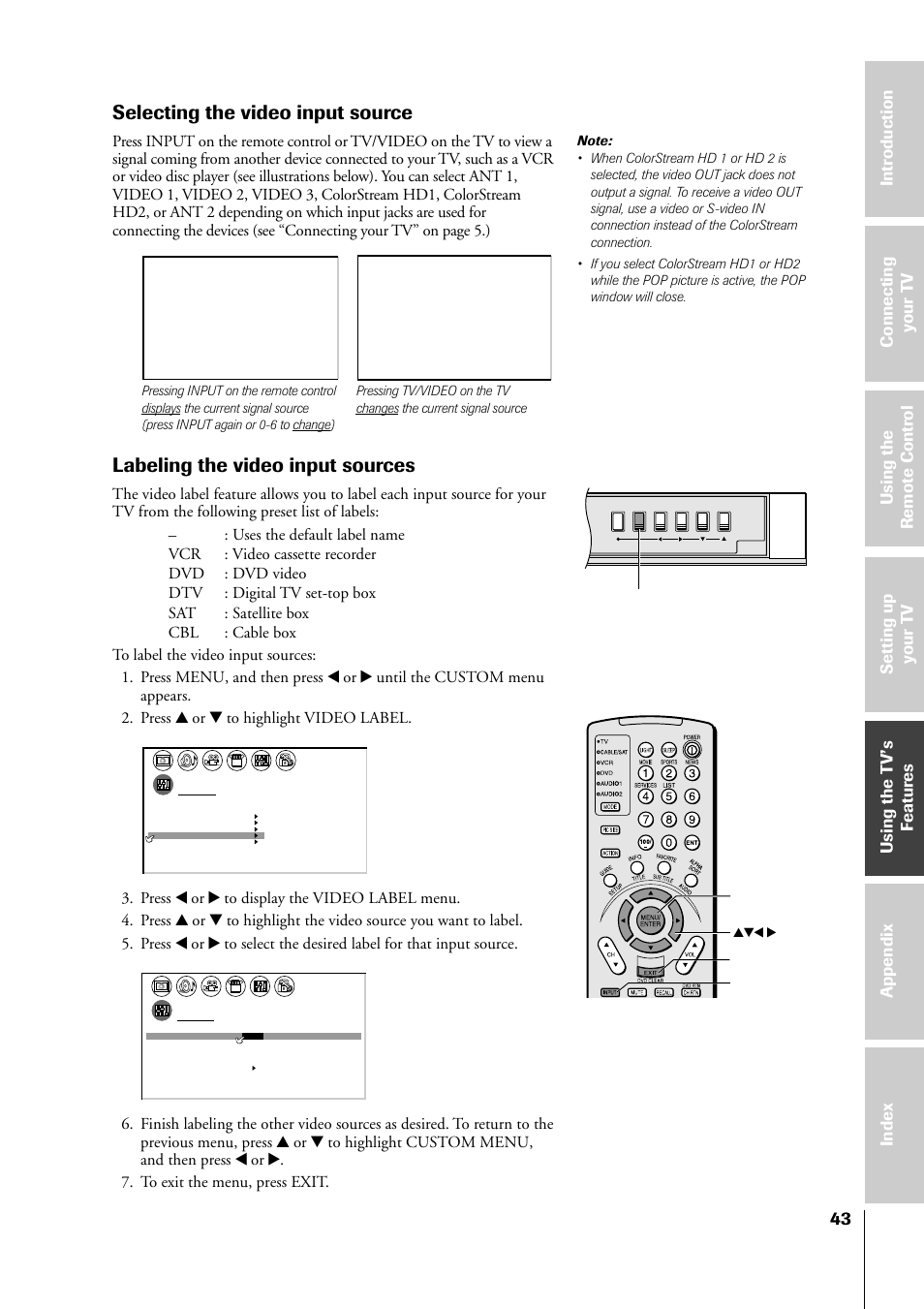 Labeling the video input sources, Selecting the video input source, Tv/video menu yzx • exit input | Tv front panel | Toshiba 34HF81 User Manual | Page 43 / 56