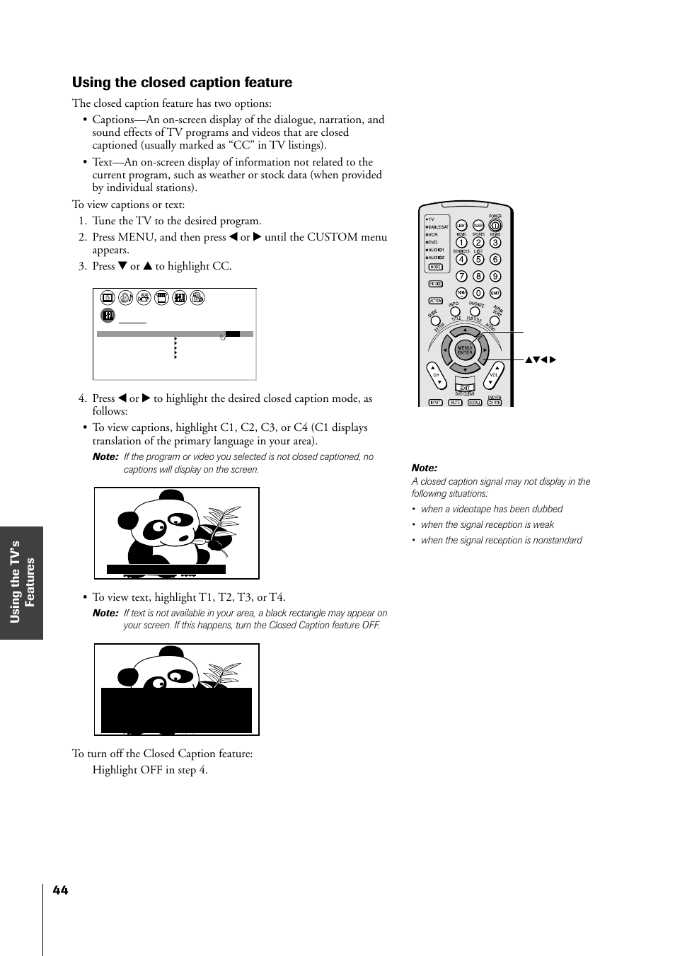 Using the closed caption feature, Menu yzx | Toshiba 34HF81 User Manual | Page 44 / 56