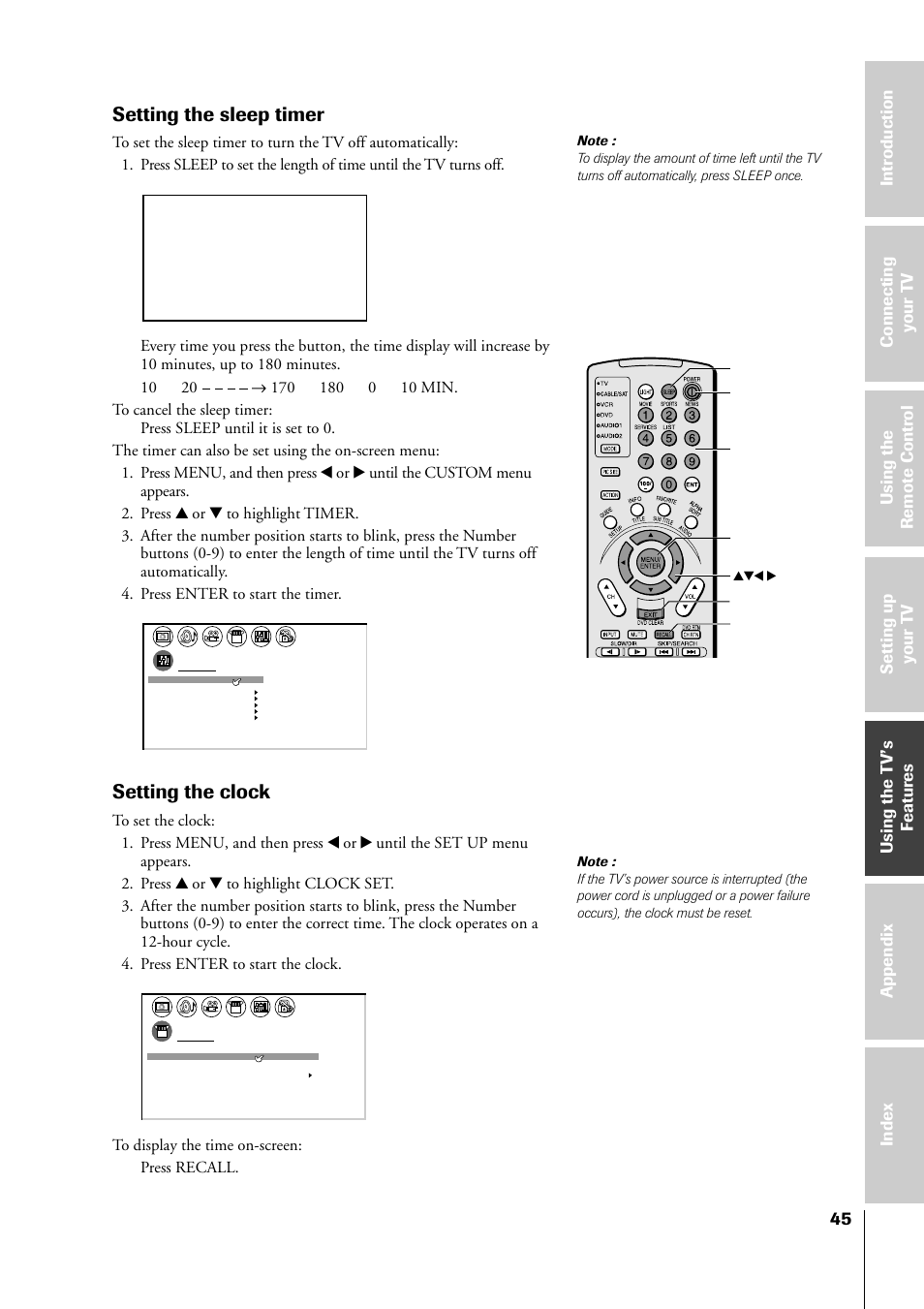 Setting the sleep timer / clock, Setting the sleep timer, Setting the clock | Sleep power yzx • recall menu/enter number exit | Toshiba 34HF81 User Manual | Page 45 / 56