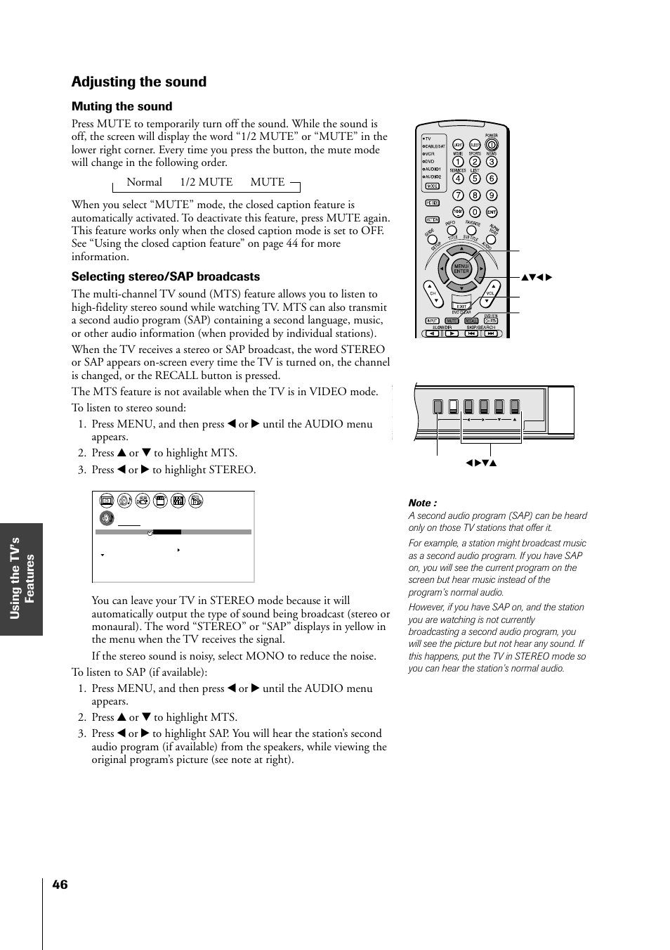 Adjusting the sound, Muting the sound, Selecting stereo/sap broadcasts | Toshiba 34HF81 User Manual | Page 46 / 56