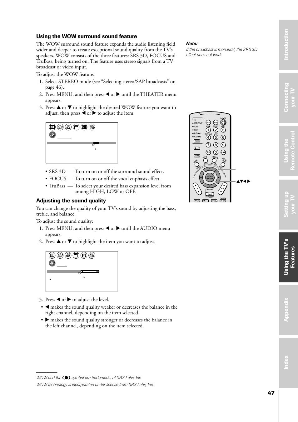 Using the wow surround sound feature, Adjusting the sound quality, Yzx • menu | Toshiba 34HF81 User Manual | Page 47 / 56