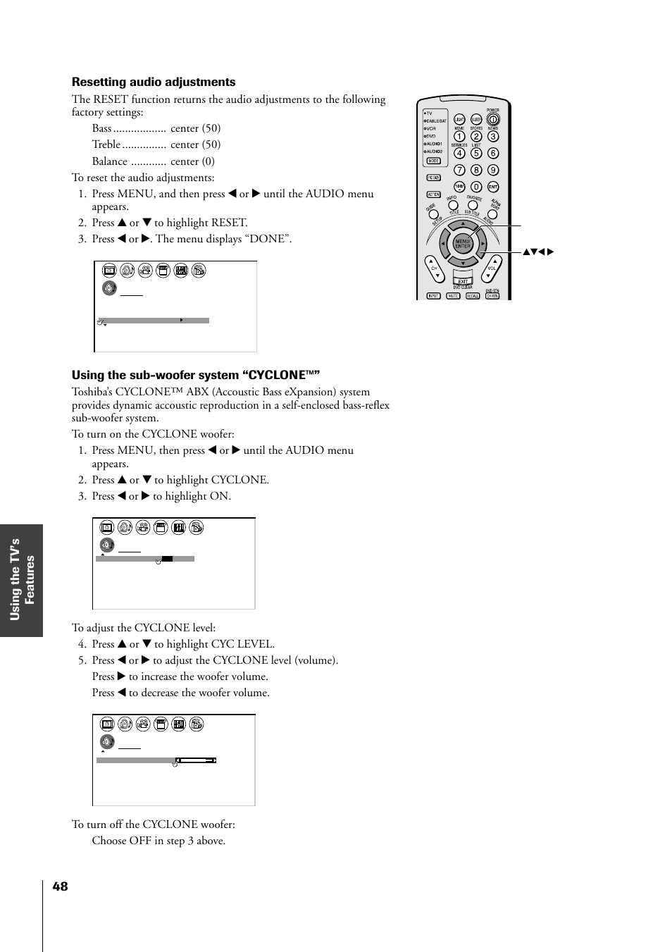 Resetting audio adjustments, Using the sub-woofer system “cyclone, Yzx • menu | Toshiba 34HF81 User Manual | Page 48 / 56