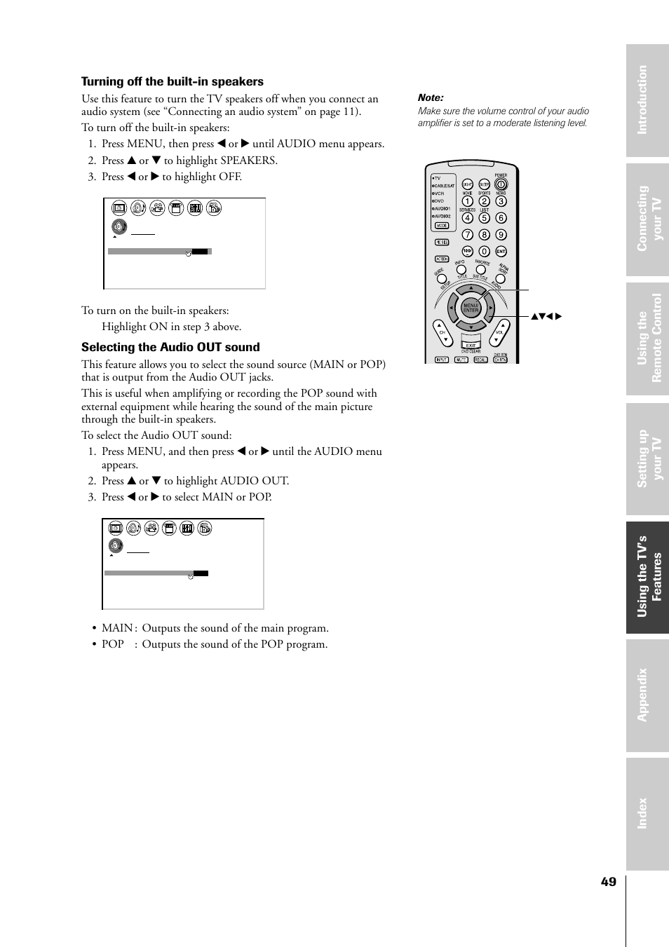 Turning off the built-in speakers, Selecting the audio out sound, Yzx • menu | Toshiba 34HF81 User Manual | Page 49 / 56